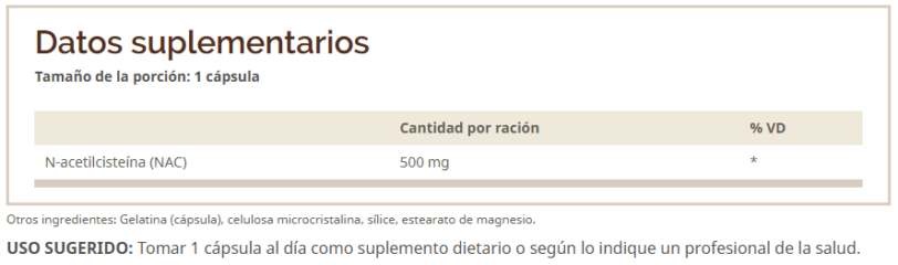 NAC ACETYL CYSTEINE 500MG 100 CAPS - Imagen 2